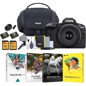 Canon EOS R50 Mirrorless Camera with 18-45mm Lens (Black) Bundle with Battery Kit, Software, Accessories (17 Items)