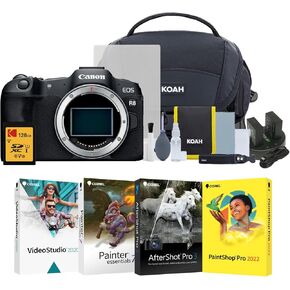 Canon EOS R8 Mirrorless Camera with 128GB SD Card, Software Suite, 2 Extra Batteries with Dual Charger, and Gadget Bag with Accessories Bundle (5 Items)