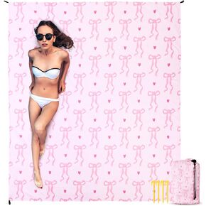 Breling Pink Bow Beach Blanket 79"x 83" for 4-7 Adults Oversized Lightweight Waterproof Sandproof Blanket with 4 Stakes and 4 Pockets Vacation Essentials Suitable for Beach Picnic Mat Camping Hiking