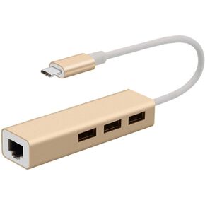 USB-C Type C to Ethernet Adapter Hub with 3-Port USB RJ45 LAN Network - Gold