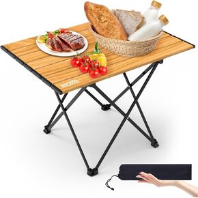 Portable Camping Table, Compact Camping Side Table with Carrying Bag, Ultralight Aluminum Beach Table Folding for Hiking, Camping, Picnicking, BBQ, Outdoor Cooking (Wood Medium 22")