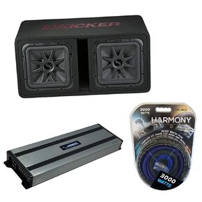 Harmony Audio HA-A1500.1 Car Stereo Class D Amp Mono 3000 Watt Subwoofer Amplifier, Kicker 45DL7R122 Solobaric L7 Dual 12" Vented Sub Box and HA-AK0 1/0 Gauge 3000W Amp Install Kit