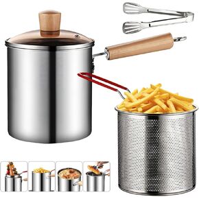 Deep Fryer Pot, 3L/ 101oz 304 Stainless Fryer Pot with Strainer Basket, Wooden Handle, Tongs and Glass Lid, Japanese Tempura Fryer Pot for Frying Fish Chicken Shrimp