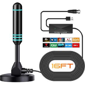 TV Antenna Indoor, 2025 Digital HD TV Antenna for Local Channels for Smart & Old TVs with Amplifier Signal Booster, 360° Long Range Reception, Supports 4K 1080p, 16ft Cable