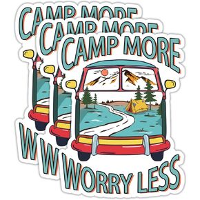 (3Pcs) Camp More Worry Less Stickers Camping Stickers Decal Waterproof Vinyl Stickers Adult for Laptop Car Tumbler Water Bottle Mug Phone Notebook Helmet Size 3"x2.2"