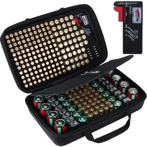 Battery Organizer Storage Case with Tester, Stores & Protects 120*AAA, 93*AA, 12*C, 16 * 9V, 8*D, 10*Coin Cell, Exceed 259 Batteries (Batteries are Not Included)
