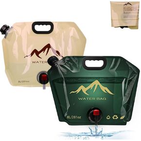 Water Bags 2Pcs, Foldable Water Storage Bag, Water Pouches with Valves, BPA Free Collapsible Water Container Bag with Spigot, 2.1 Gallon Indoor Outdoor BPA-free Plastic Water Bags（Green and Beige）
