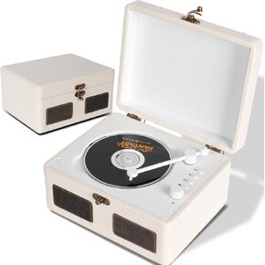 RetroBeat Time Vintage Portable Music Box – CD & Record Player with Speakers, Bluetooth Transmitter, Rechargeable, USB/AUX, Multi‑Mode Gift(White)