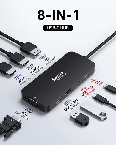 USB C Docking Station Dual HDMI Monitor Adapter, Selore USB C Hub 3 Monitors with Dual HDMI, Displayport, VGA, 100W PD Charging, 3USB 2.0 Ports Adapter for Dell XPS,HP, Lenovo,etc(Black) in Kuwait