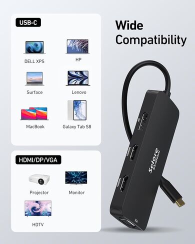 USB C Docking Station Dual HDMI Monitor Adapter, Selore USB C Hub 3 Monitors with Dual HDMI, Displayport, VGA, 100W PD Charging, 3USB 2.0 Ports Adapter for Dell XPS,HP, Lenovo,etc(Black) in Kuwait