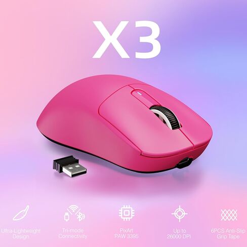 ATTACK SHARK X3 Lightweight Wireless Gaming Mouse with Tri-Mode 2.4G/USB-C Wired/Bluetooth,Up to 26K DPI, PAW3395 Optical Sensor,Kailh GM8.0 Switch,5 programmable Buttons for PC/Win/Mac(Berry Red) in Kuwait