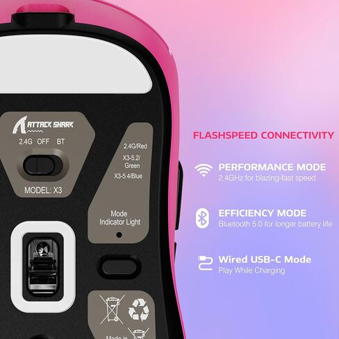 ATTACK SHARK X3 Lightweight Wireless Gaming Mouse with Tri-Mode 2.4G/USB-C Wired/Bluetooth,Up to 26K DPI, PAW3395 Optical Sensor,Kailh GM8.0 Switch,5 programmable Buttons for PC/Win/Mac(Berry Red) in Kuwait