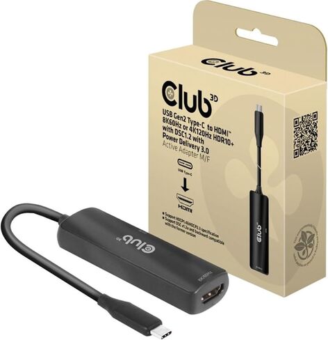 Club 3D USB Gen2 Type-C إلى HDMI 8K60 هرتز أو 4K120 هرتز HDR10+ مع DSC1.2 (كابل M/M 3m / 9.84ft) in Kuwait
