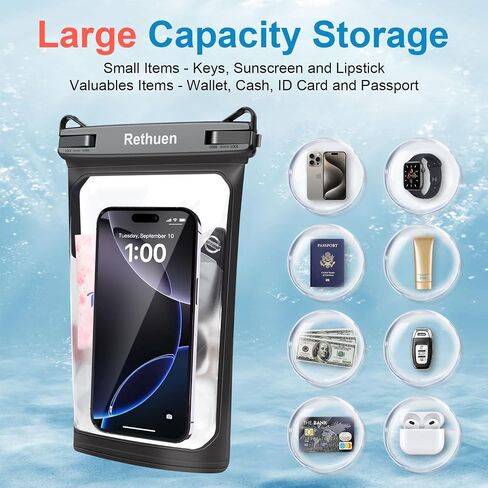Large Waterproof Phone Pouch, 2pcs Floating Waterproof Bag for iPhone 16 15 14 13 12 Pro Max Galaxy S24 S23 S22 All Phones, Cell Phone Dry Bag for Beach Cruise Swimming Rafting Boating (Black + Black) in Kuwait