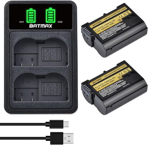 Batmax 2 قطعة 2280 مللي أمبير EN-EL15 EN-EL15B EN-EL15C بطارية لنيكون Z5، Z6، Z6 II، Z7، Z7II D780، D850، D7500، 1 V1، D500، D600، D610، D750، D800، D800E، D810، D810A، الكاميرات الرقمية D7000، D7100، D7200 in Kuwait