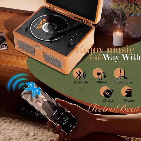 RetroBeat Time Vintage Portable Music Box – CD & Record Player with Speakers, Bluetooth Transmitter, Rechargeable, USB/AUX, Multi‑Mode Gift(White) in Saudi Arabia
