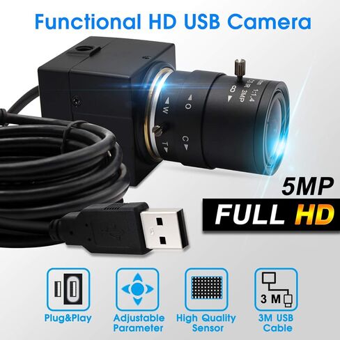 Hotpet 5MP Webcam 2.8-12mm Varifocal Lens USB Camera HD 2592X1944 USB with Camera Aptina Sensor Webcamera, Conference Camera Support OpenCV Most OS,Plug&Play,OTG 2.0, Focus Adjustable in Kuwait