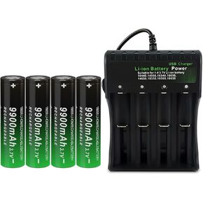 18650 Battery Charger Set, 9900mAh 3.7 Volt 18650 Rechargeable Battery with 4 Bays Charger (4 Pack Flat Top Batteries with Charger)