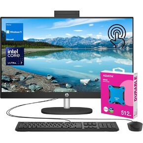 HP 27" FHD Touchscreen Intel Ultra 7 AI All-in-One Desktop, 27" FHD Touchscreen, Intel Ultra 7 155U, 32GB DDR5 RAM, 1TB SSD, Wired KB & Mouse, Wi-Fi 6, W11H, with ADATA 512 External SSD Bundle