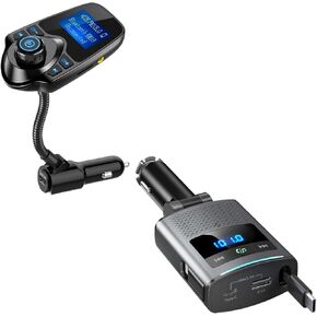 Nulaxy [2024 Upgraded] Car Bluetooth FM Transmitter with 1.44" Display Flexible Gooseneck, KM18 & 80.5W Bluetooth 5.3 Retractable Car Charger with 3 Charging Ports, KM26