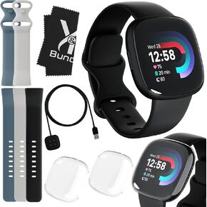 Fitbit Versa 4 Health and Fitness Smart Watch (Black) with GPS, 6 Day Battery Life, S & L Bands - Bundle with Blue and White Fitbit Versa 4 Bands for Women and Men, 2 Screen Protectors, Charger, Cloth