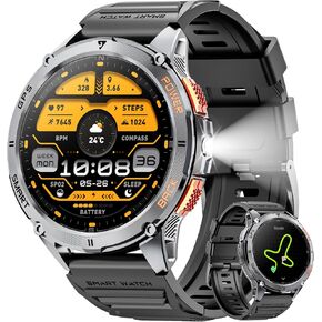 Military Smart Watch for Men with GPS, 1.43" AMOLED Bluetooth Call Smartwatch with LED Flashlight, Rugged Smart Watches for Android iOS, IP68 Waterproof Fitness Tracker with Heart Rate (Black)