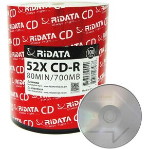 100 Pack Ridata CD-R 52X 700MB 80Min Branded Logo Blank Media Recordable Disc