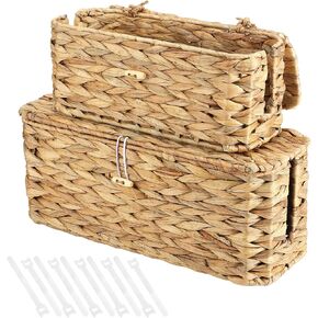 2 Pack Wicker Cable Management Box with Lid, Rattan Cord Organizer Cable Hider Storage Box with 2 Open Slots for Home Office Desk Cord Hider Computer TV Wires USB Hub