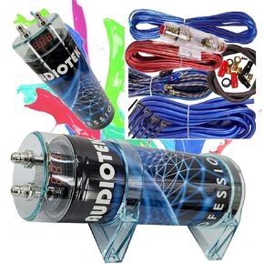 Audiotek at-3.5 3500 Watts 3.5 Farad Power 12Volt Digital Power Car Audio Capacitor and Complete 1500 Watts 8 Gauge Car Amplifier Installation Wiring Kit Blue