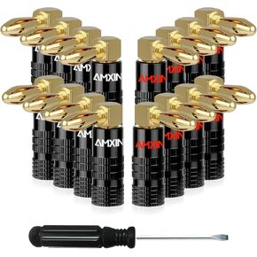 Right Angle Banana Plugs (8 Pairs, 16 Pieces), Closed Screw 24K Gold Plated Speaker Connectors for Speaker Wire, Wall Plate, Home Theater, Audio/Video Receiver, and Sound Systems