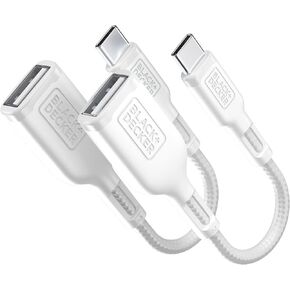 BLACK+DECKER USB C to USB A Adapter, USB C Male to USB Female Adapter Nylon Braid, Type C OTG Cable Compatible w/iPhone 16 15 Pro, MacBook Pro 2022/Air/Mini, iPad—2 Pack, 3" (White)