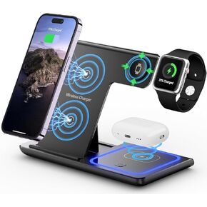 3 in 1 Wireless Charger iPhone Charging Station, Wireless Charger Stand for iPhone 16e 16 15 14 Pro Max 13 12 11,Charging Dock for AirPods 4 3 2 Pro, Apple Watch 10/9/Ultra/8/SE/7/6/5/4/3