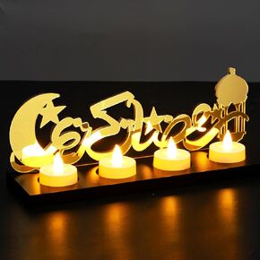 ديكورات إسلامية حامل شموع إسلامية مع 5 شموع شاي LED خشبية أكريليك إسلامي ديكورات الطاولة رمضان كريم عيد مبارك علامة هدايا إسلامية إسلامية لتزيين حفلات الطاولة المنزلية in Saudi Arabia