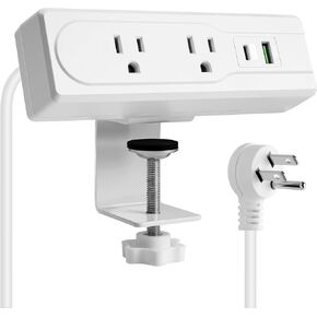 Desk Clamp Power Strip with USB,45 Degree Thin Flat Plug 15 Feet Extension Cord 1875W, PD 30W Fast Charging, Desk Edge Mount Power Strip, 2 Widely Spaced AC Outlets,2 USB Ports (Type A+C), ETL Listed