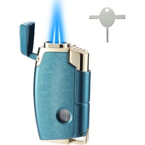 Double Torch Butane Lighter with Punch, Jet Windproof Lighter with Keyhole, Refillable and Adjustable, Great Gift for Men and Women, Sold Without Butane(Blue)