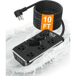 Outdoor Power Strip Weatherproof, Waterproof Surge Protector with 6 Wide Outlet with 3 USB Ports, 10FT Extension Cord,1875W Overload Protection,Outlet Extender for Christmas Lights ETL Listed Black
