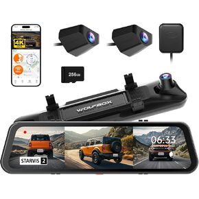 WOLFBOX G900 Tripro Bumper Version 3 Channel 4K Mirror Dash Cam, STARVIS 2 IMX678 Night Vision, 4K+2.5K+1080P Front and Rear Bumper Dash Cam, 5.8GHz WiFi, Voice Control, Includes 256GB Card & GPS