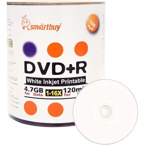 Smartbuy 100-disc 4.7gb/120min 16x DVD+R White Inkjet Hub Printable Blank Data Recordable Media Disc