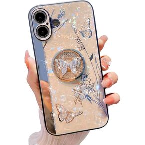 for iPhone 16 Pro Max Case for Women Girls,Luxury Bling Glitter Rhinestone Design with Spinning Wheel Flower Ring Stand,Cute Girly Sparkle Diamond Clear TPU Bumper Phone Case for iPhone 16 Pro Max