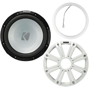 Kicker 45KM122 12 Inch Marine Subwoofer 2 Ohm White Grill with 47KLSR12 Led Lighted Speaker Ring