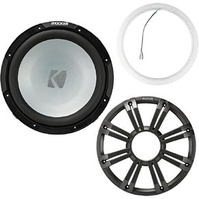 Kicker 45KM122 12 Inch Marine Subwoofer 2 Ohm Charcoal Grill with 47KLSR12 Led Lighted Speaker Ring