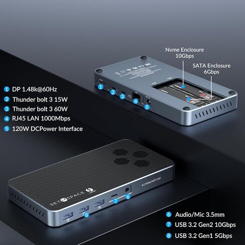 10 in 1 Docking Station with Thunderbolt 3 Port, 2X USB 3.1 Gen1, 2X USB 3.1 Gen2, PD 60W, 8K@60Hz DP, 3.5 Audio/Mic, Ethernet, 120W DC in, NVMe and SATA M.2 SSD Enclosure in Saudi Arabia