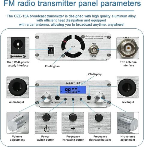 15W FM Transmitter, Long Range FM Broadcast Transmitter for Churches, Cars, Shopping Malls, Lecture Halls, Private Radio Stations with 3.5mm Mic Jack (15W) in Kuwait