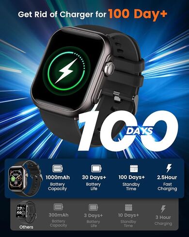 Watch Smart for Men for iPhone & Android: 100 يوم+عمر البطارية ، الساعة الذكية (الإجابة/إجراء مكالمات) مع شاشة معدل ضربات القلب SPO2 ، مقاوم للماء 5ATM ، مع 120+رياضة ، RELOJ Inteligente Black in Kuwait