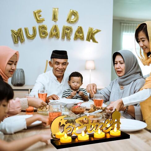 Islamic Decorations Islamic Candle Holder with 5 LED Tea Candles Wooden Acrylic Islamic Tabletop Decors Ramadan Kareem Eid Mubarak Sign Islamic Muslim Gifts for Home Table Party Decorations in Saudi Arabia