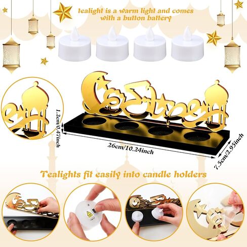 Islamic Decorations Islamic Candle Holder with 5 LED Tea Candles Wooden Acrylic Islamic Tabletop Decors Ramadan Kareem Eid Mubarak Sign Islamic Muslim Gifts for Home Table Party Decorations in Saudi Arabia