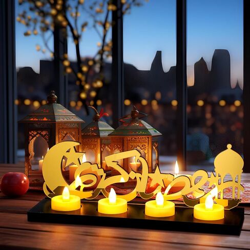 Islamic Decorations Islamic Candle Holder with 5 LED Tea Candles Wooden Acrylic Islamic Tabletop Decors Ramadan Kareem Eid Mubarak Sign Islamic Muslim Gifts for Home Table Party Decorations in Saudi Arabia