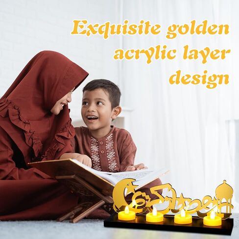 Islamic Decorations Islamic Candle Holder with 5 LED Tea Candles Wooden Acrylic Islamic Tabletop Decors Ramadan Kareem Eid Mubarak Sign Islamic Muslim Gifts for Home Table Party Decorations in Saudi Arabia