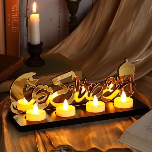 Islamic Decorations Islamic Candle Holder with 5 LED Tea Candles Wooden Acrylic Islamic Tabletop Decors Ramadan Kareem Eid Mubarak Sign Islamic Muslim Gifts for Home Table Party Decorations in Saudi Arabia