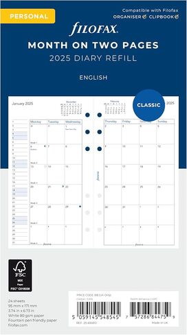 Filofax Calendar Diary Refill, Personal/Compact Size, Month-to-View, White Paper, English, 2024 (C68410-24) in Saudi Arabia